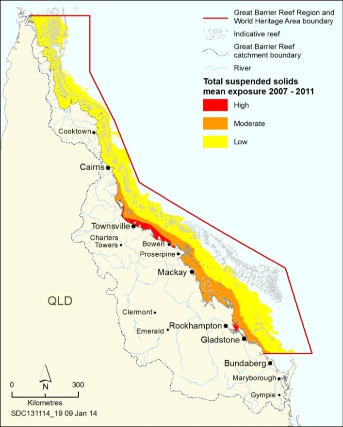 map of the gbr showing suspended solids mean exposure between 2007 - 2011 in high, moderate and low areas. high areas of exposure include the coast between townsville and bowen as well as the coast area near rockhampton. moderate areas of exposure include the outer coast between south of cairns and north of bundaberg. low areas are the rest of the gbr