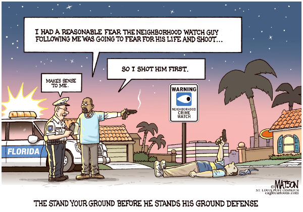 the stand your ground before he stands his ground defense © rj matson,the st. louis post dispatch,the stand your ground before he stands his ground defense,florida,stand your ground law,trayvon martin,george zimmerman,murder,sanford,police,self-defense,guns,shooting,neighborhood watch,vigilante