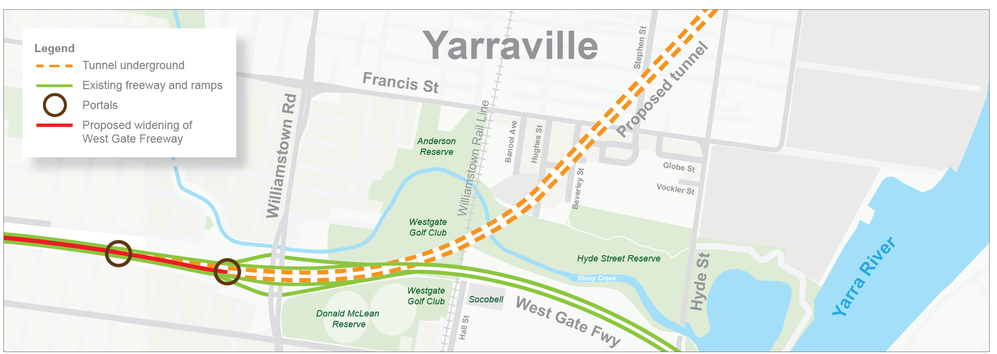 map showing route of long tunnel with the entry to the tunnel on the west gate freeway and the tunnel going under yarraville 