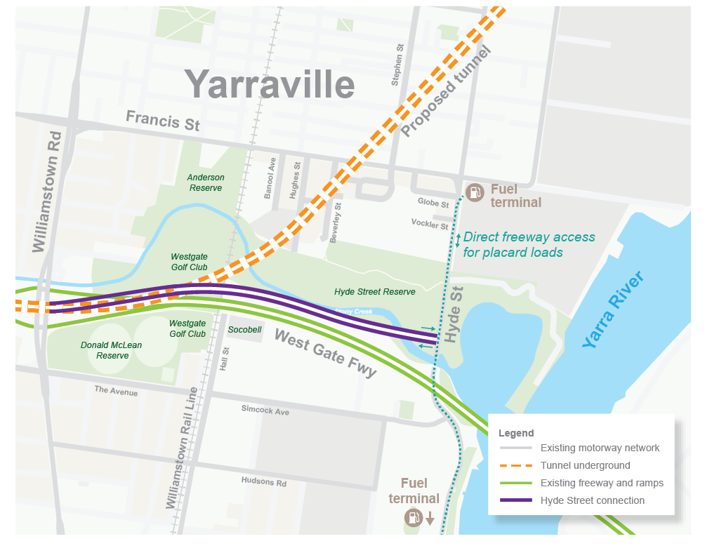 option 2 - map showing proposed connection to hyde street from the west gate freeway where ramps ago over hyde street reserve to connect to hyde street but are closer to the freeway on the northern side