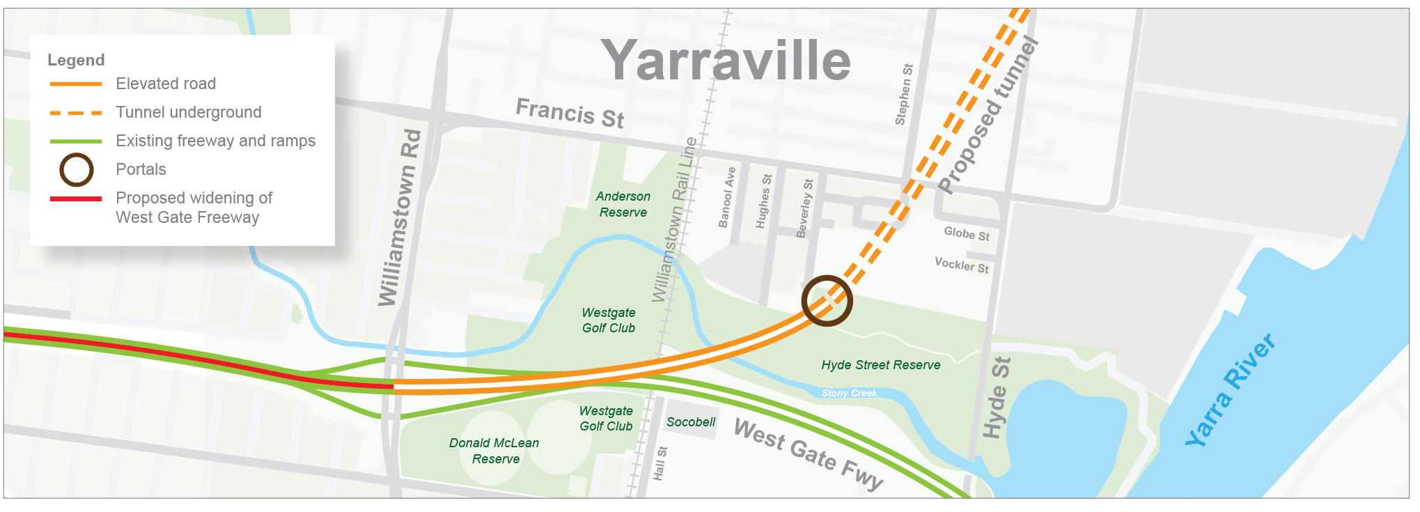 ap showing route of short tunnel with the entry to the tunnel in the hyde street reserve and the tunnel going under yarraville